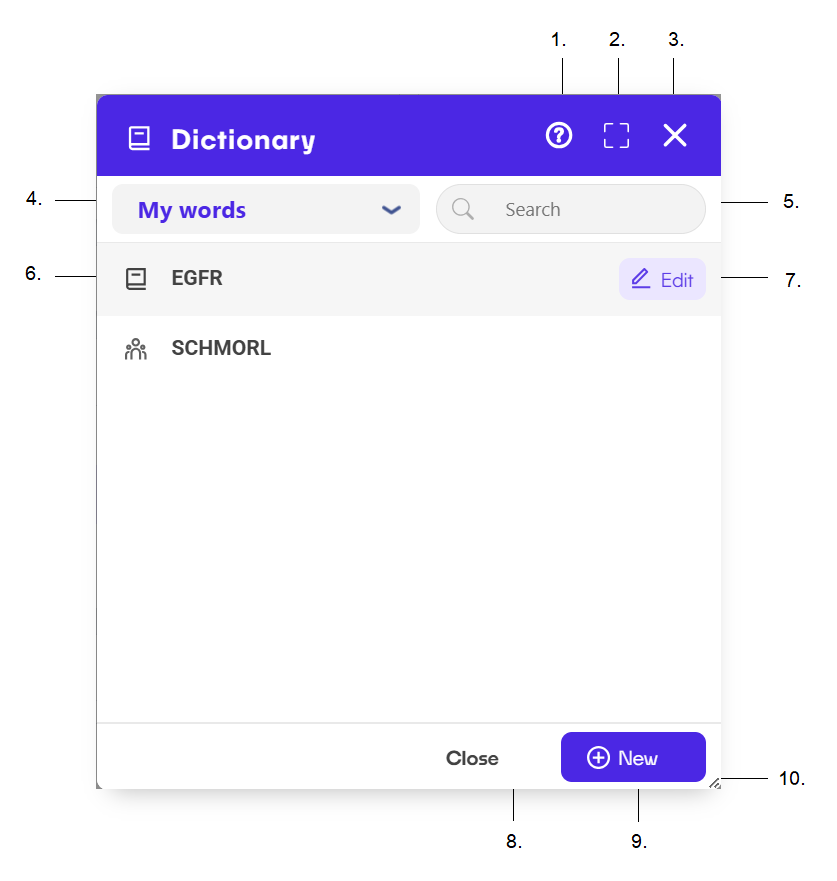 Dictionary Component elements